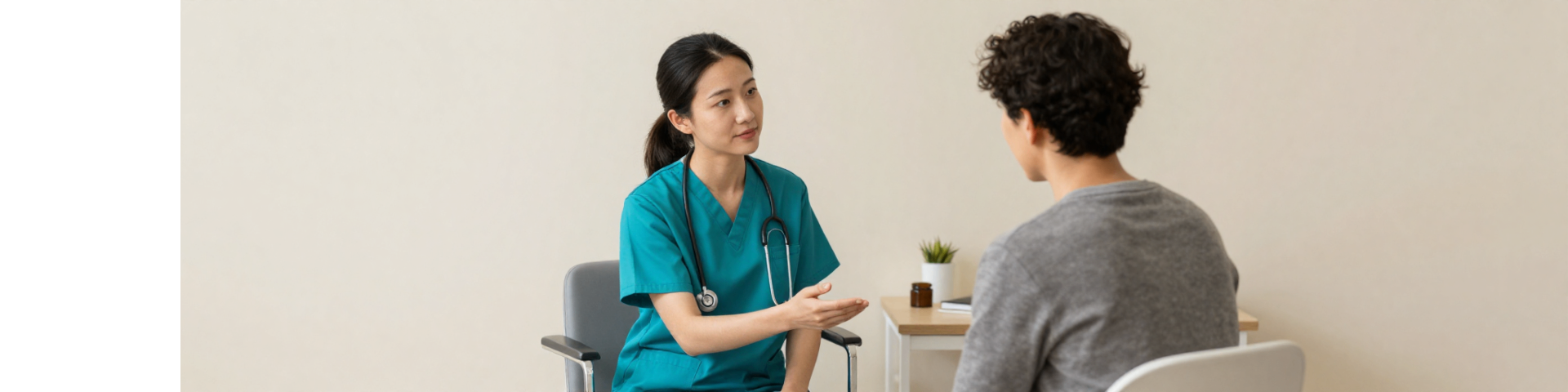 Compassionate psych nurse in teal scrubs talking with a patient in a calm clinical setting.