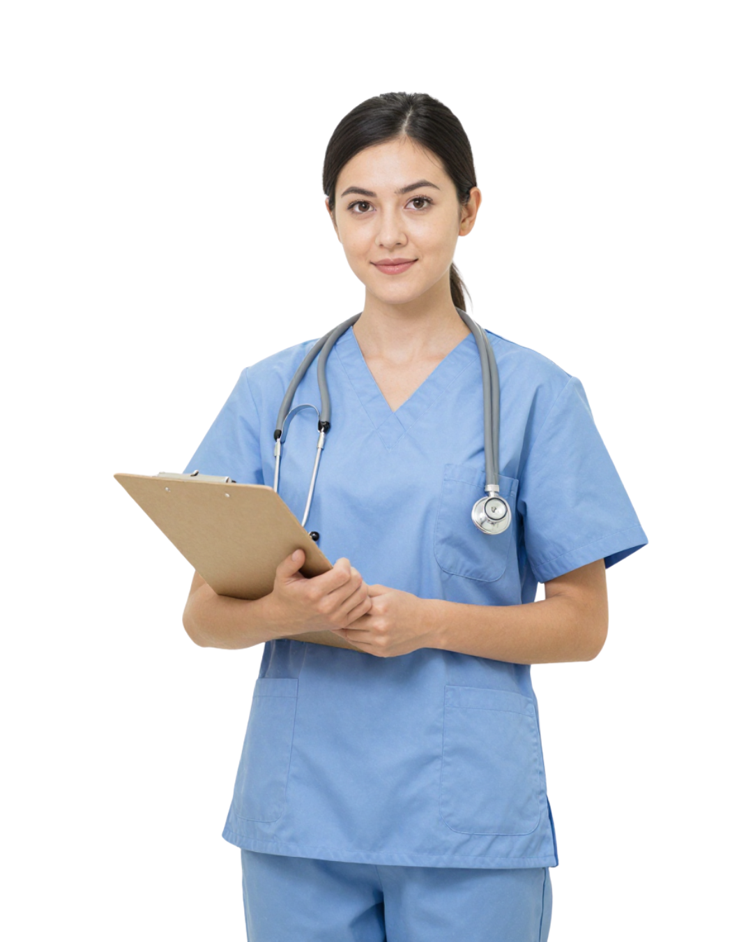 Student nurse holding clipboard, preparing for NCLEX