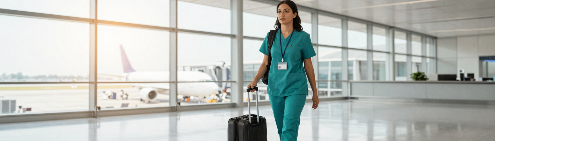 Confident travel nurse in teal scrubs walking through a sunlit airport terminal with a rolling suitcase.