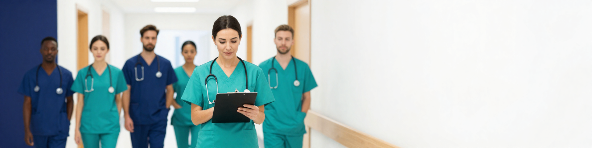 Confident returning nurse in teal scrubs leading her team down a bright hospital corridor, clipboard in hand.