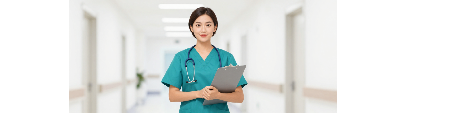 Confident newly graduated nurse in a modern hospital corridor.