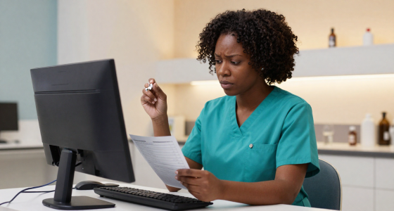 Nurse studying at a computer with clinical notes